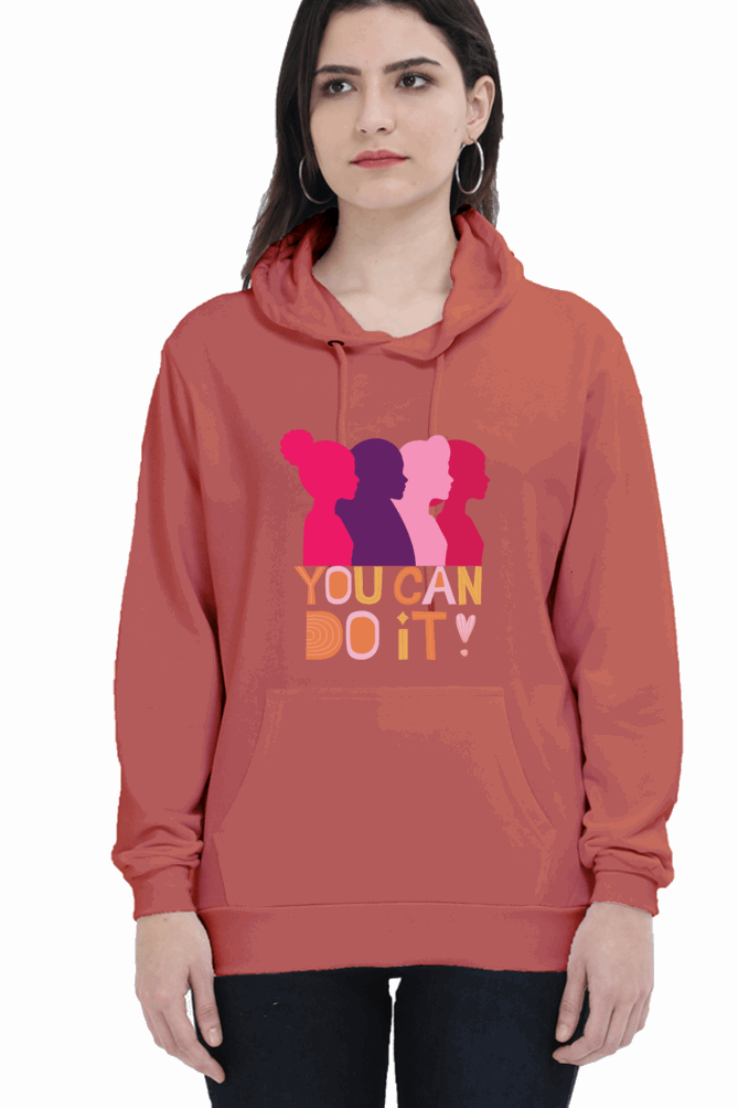 "You Can Do It'" Hooded Sweatshirt for Girls and Women Coral