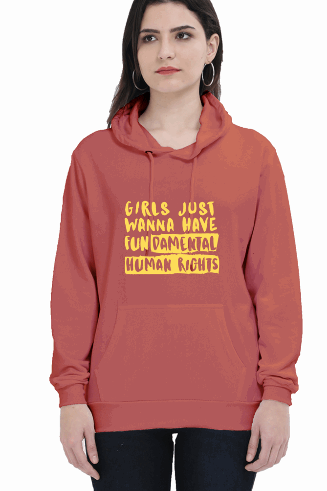 "Girls Just Want to Have Fun-da-mental Human Rights" Hooded Sweatshirt for Girls and Women Coral