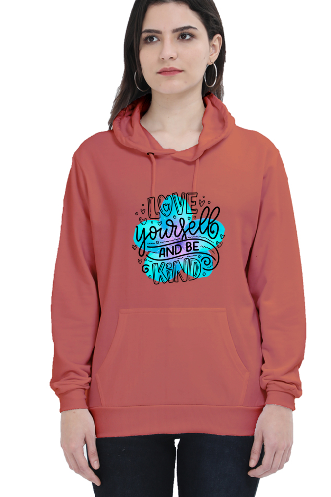 Love Yourself and Be Kind" Hooded Sweatshirt for Girls and Women Coral