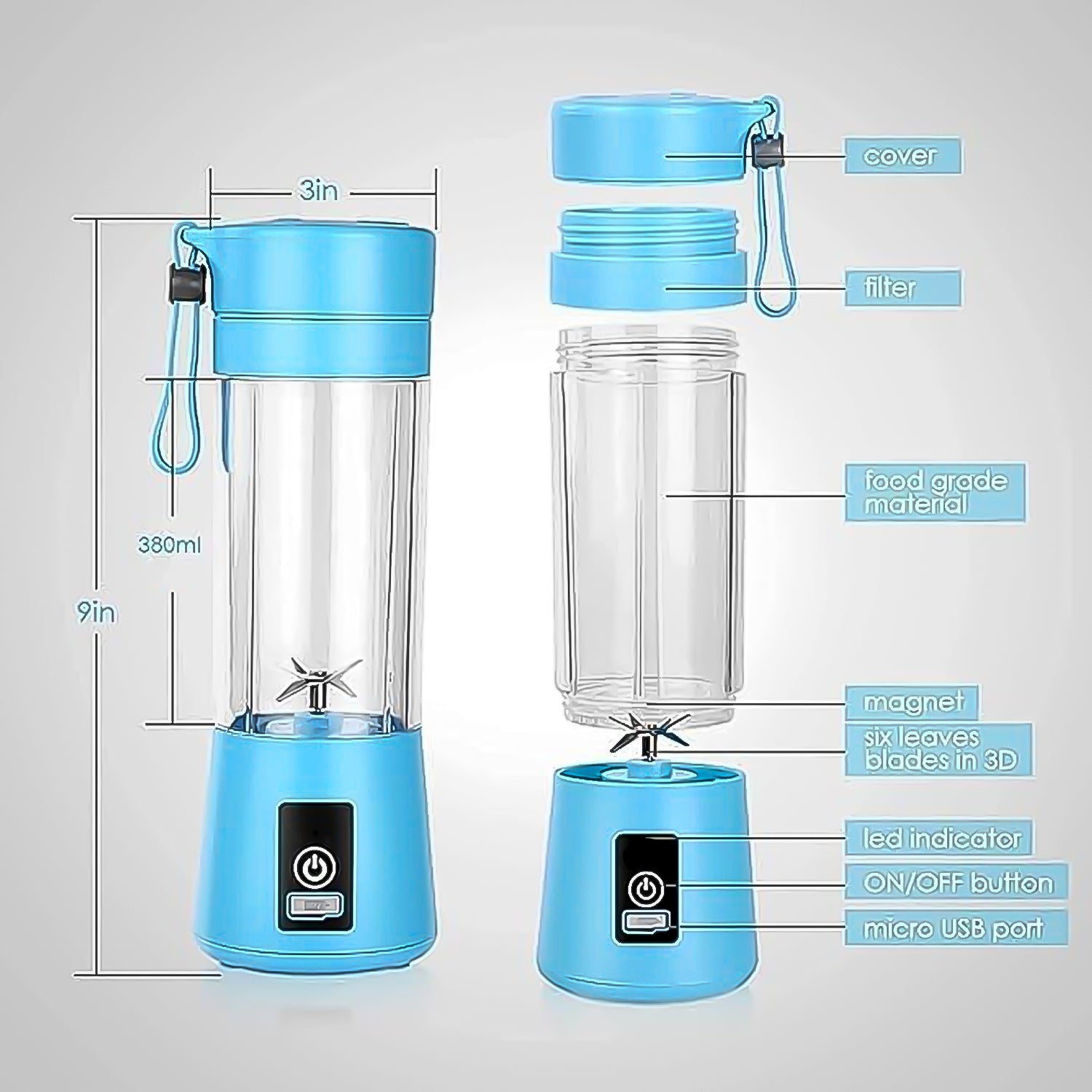 Portable Electric Usb Juice Maker Juicer Bottle Blender Grinder Mixer 4 Blades Rechargeable Bottle (380 Ml Mix Color)