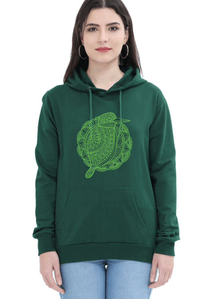 "Green Mandala Bird" Hooded Sweatshirt for Girls and Women Bottle Green