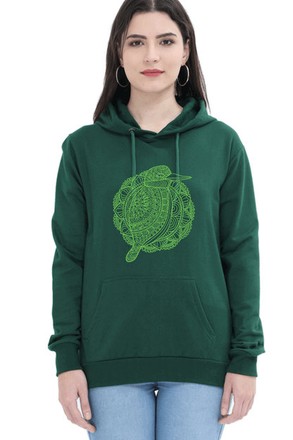 "Green Mandala Bird" Hooded Sweatshirt for Girls and Women Bottle Green