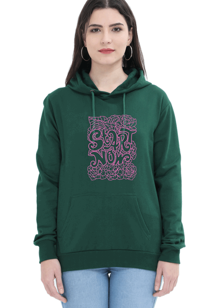 "Start Now" Hooded Sweatshirt for Girls and Women Bottle Green