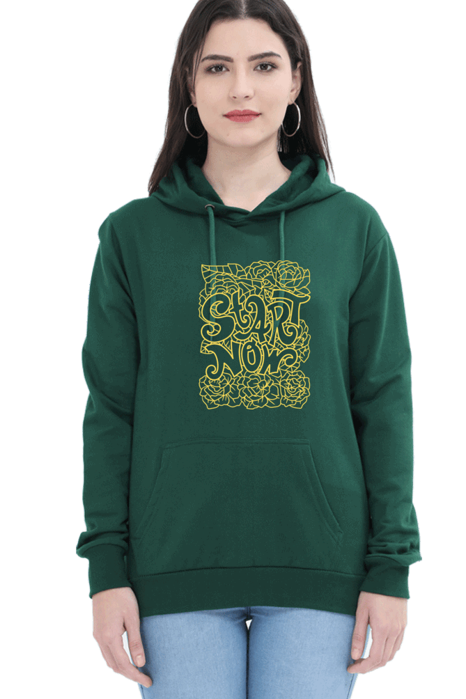 "Start Now" Hooded Sweatshirt for Girls and Women Bottle Green