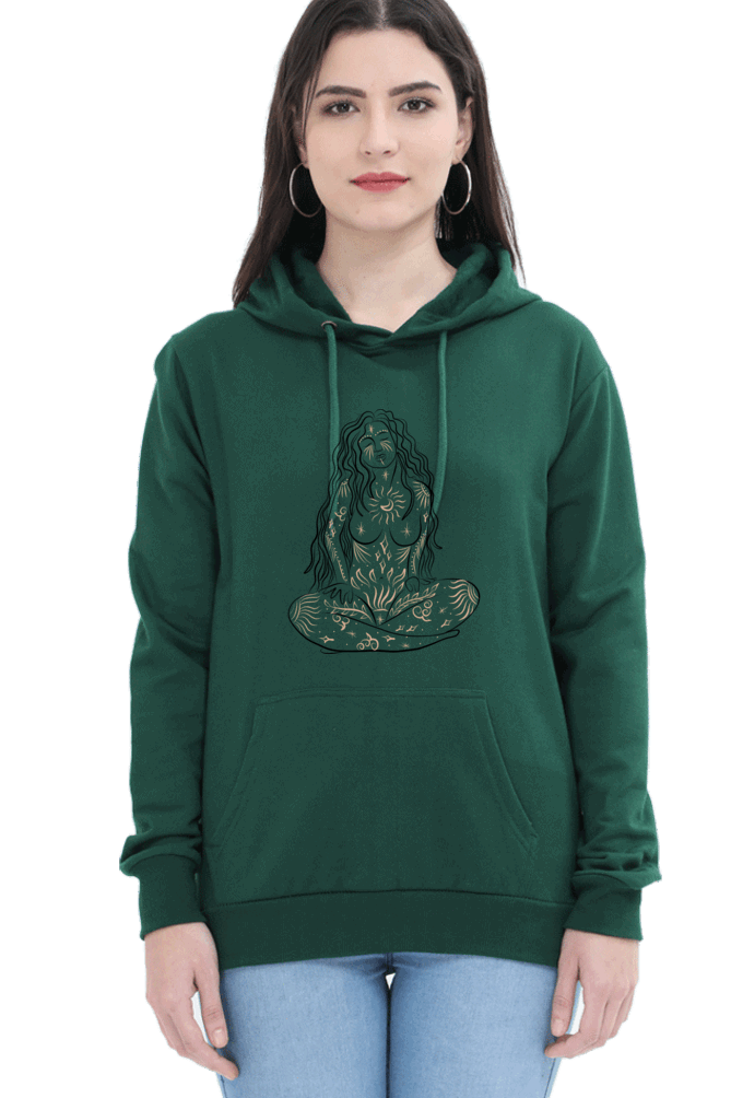 "Cosmic Opulent Intellect" Unisex Hooded Sweatshirt for Girls and Women with Cosmic Harmony Bottle Green