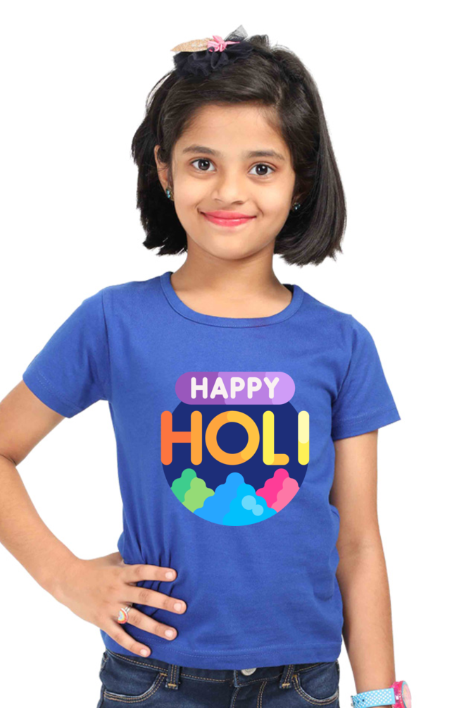 Happy Holi Vibes: Girls' Tshirt Royal Blue