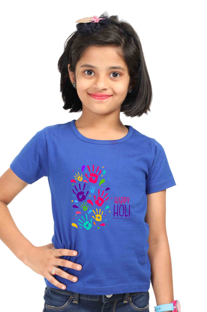 Happy Holi Hand Stamps: Girls' Tshirt Royal Blue