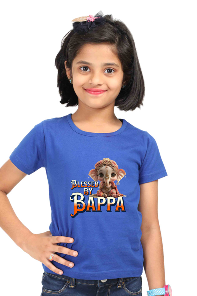 Blessed By Bappa Ganesh Chaturthi Girl's T Shirts Royal Blue