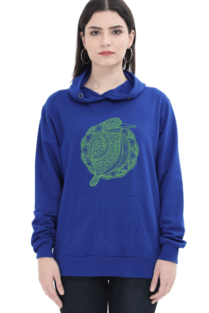 "Green Mandala Bird" Hooded Sweatshirt for Girls and Women Royal Blue