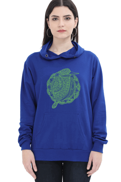 "Green Mandala Bird" Hooded Sweatshirt for Girls and Women Royal Blue