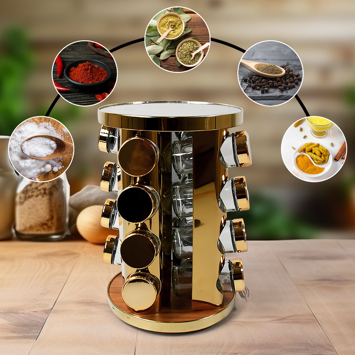 10009 Led Spice Rack Organizer Rotating Spice Rack With Free 16 Seasoning Jars Revolving Tower Organizer Stainless Steel For Kitchen Storage (Golden 16 Pc Moq - 6 Pc)