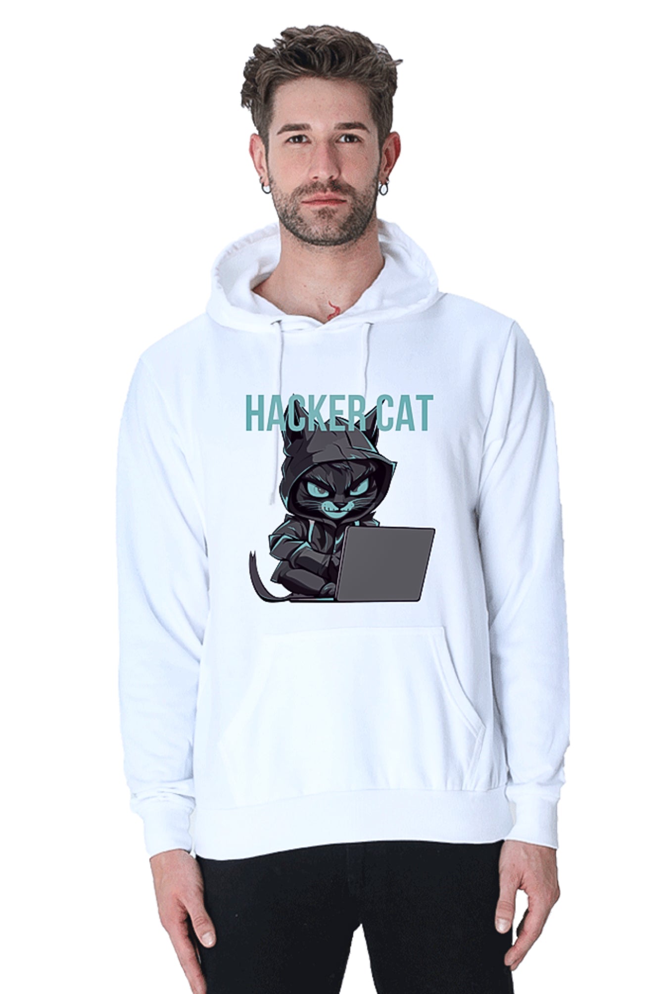 Hacker Cat with laptop - Reflective Grey Vinyl Printed Hoodie Sweatshirt