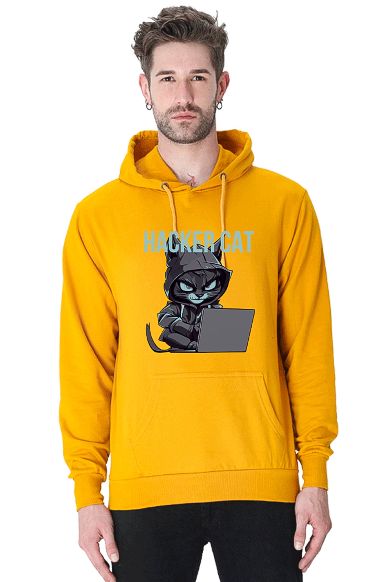 Hacker Cat with laptop - Reflective Grey Vinyl Printed Hoodie Sweatshirt