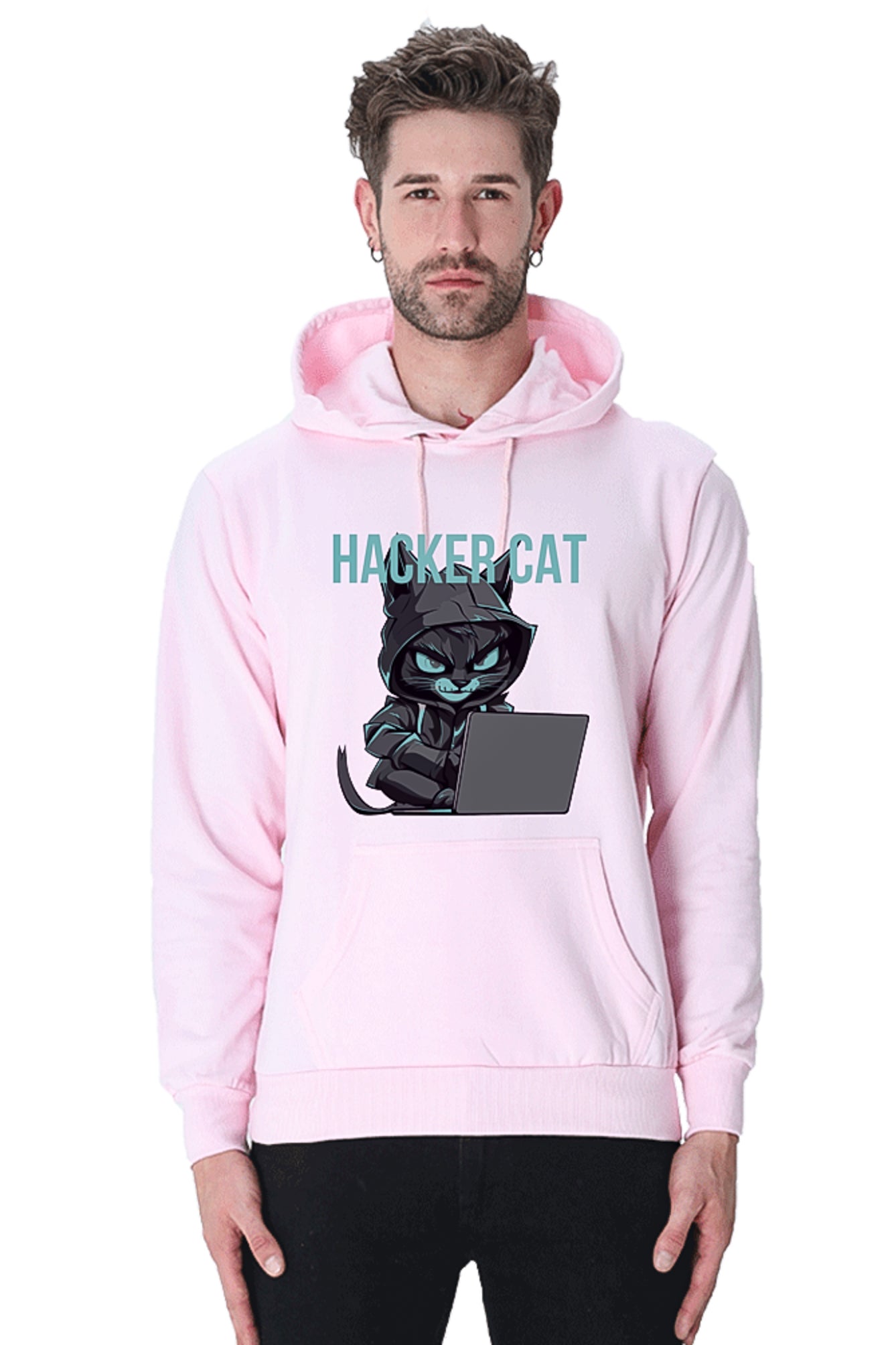 Hacker Cat with laptop - Reflective Grey Vinyl Printed Hoodie Sweatshirt