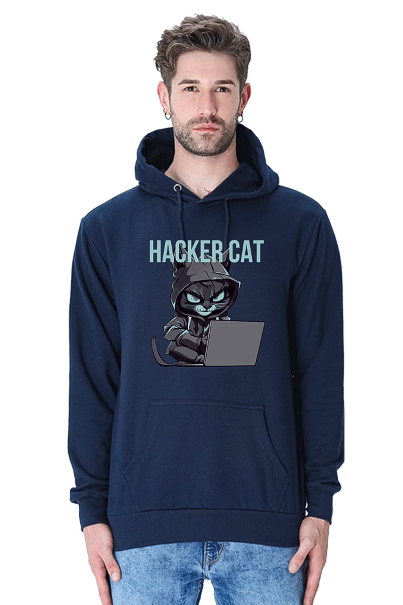 Hacker Cat with laptop - Reflective Grey Vinyl Printed Hoodie Sweatshirt