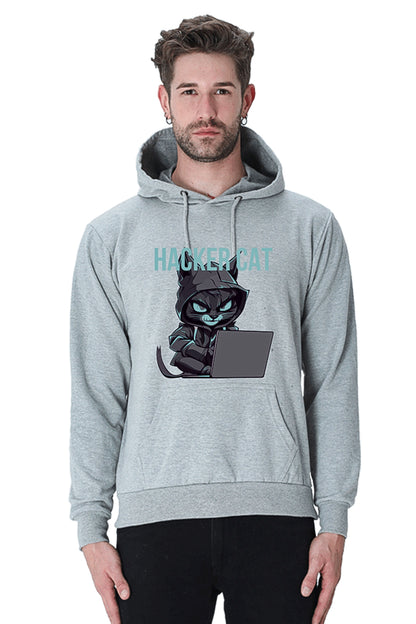 Hacker Cat with laptop - Reflective Grey Vinyl Printed Hoodie Sweatshirt