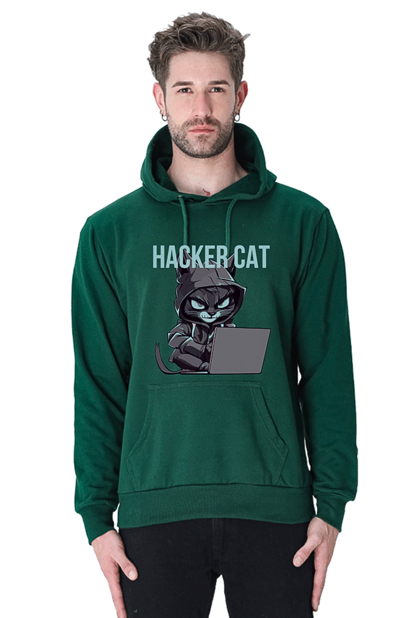 Hacker Cat with laptop - Reflective Grey Vinyl Printed Hoodie Sweatshirt