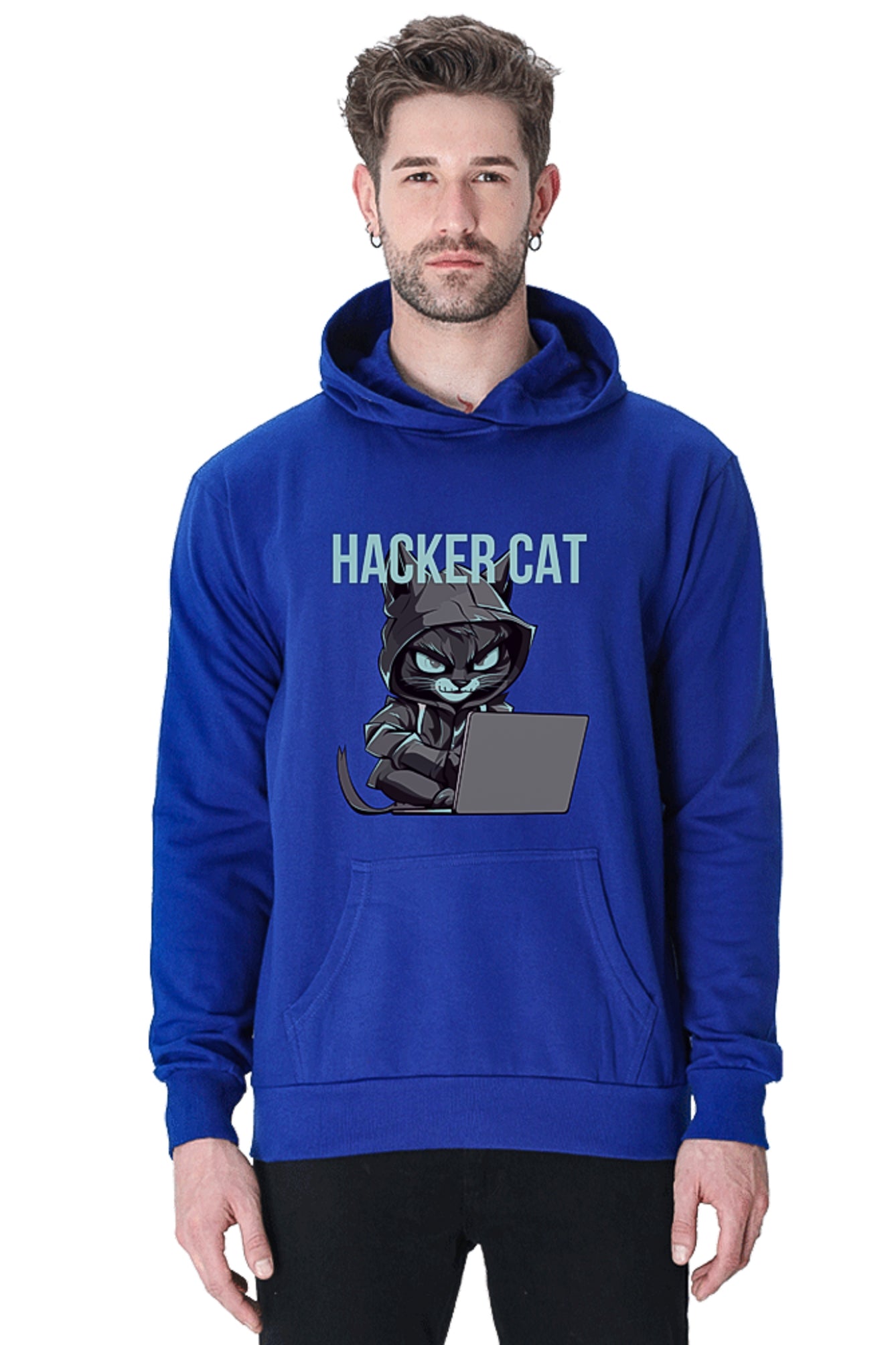 Hacker Cat with laptop - Reflective Grey Vinyl Printed Hoodie Sweatshirt