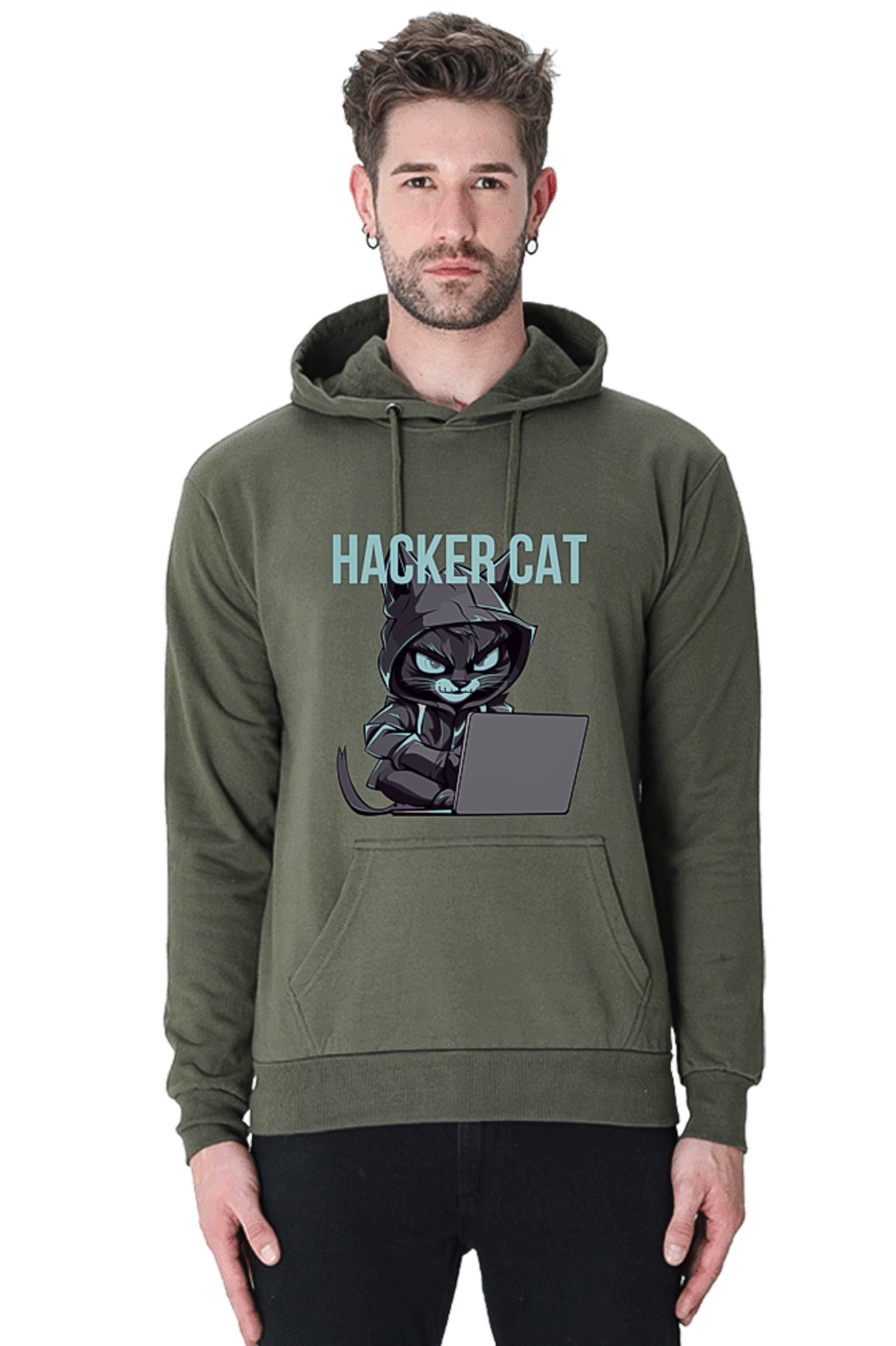 Hacker Cat with laptop - Reflective Grey Vinyl Printed Hoodie Sweatshirt