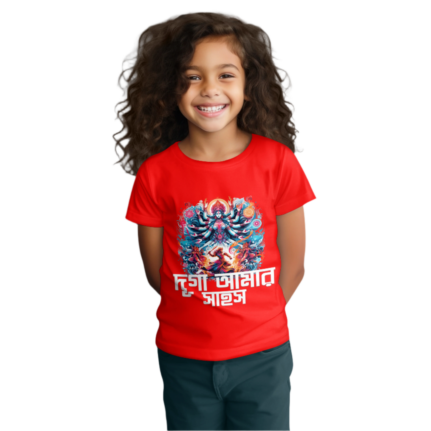 Durga Puja Bengali T Shirt For Girls Red