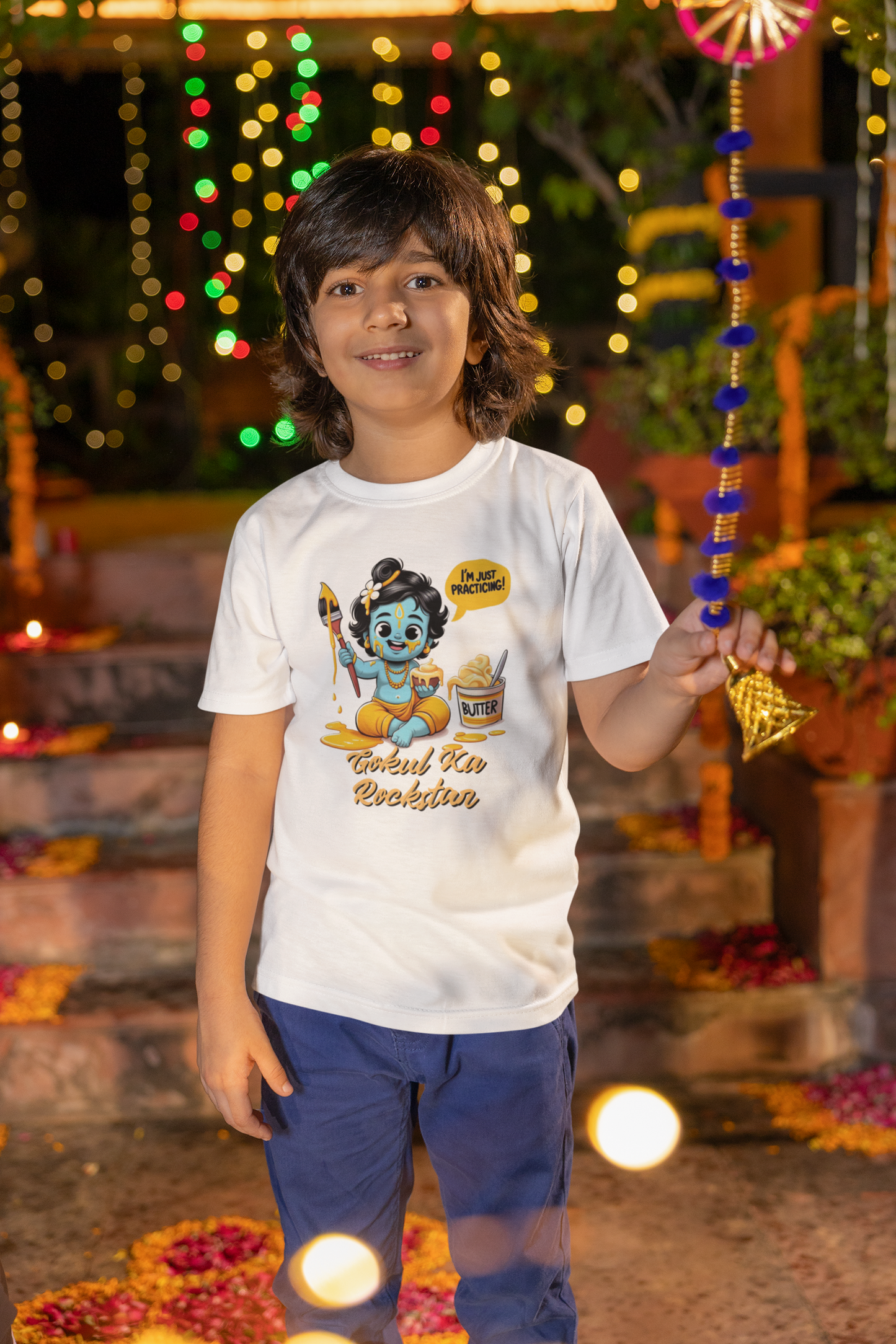 Gokul Ka Rockstar Janmashtami Boy's T Shirts White