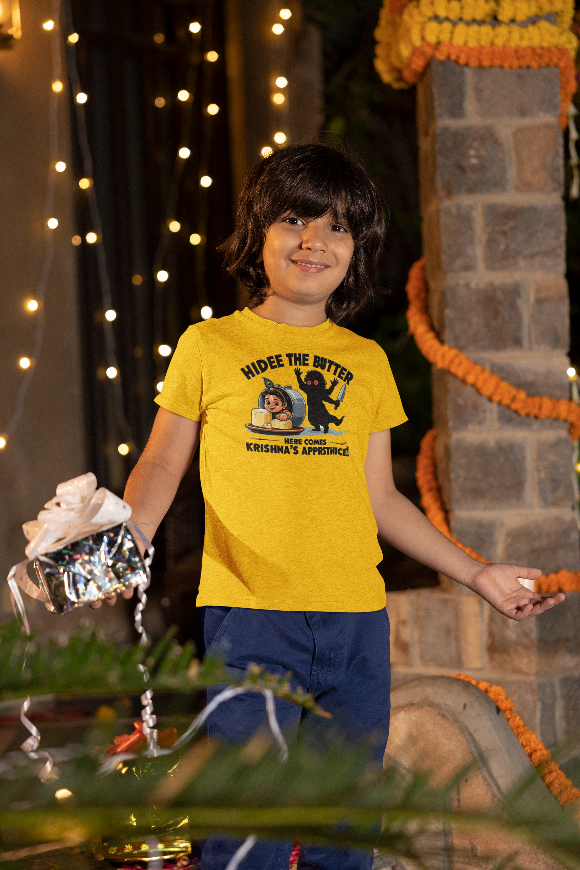 Hidee The Butter Janmashtami Boy's T Shirts Golden Yellow