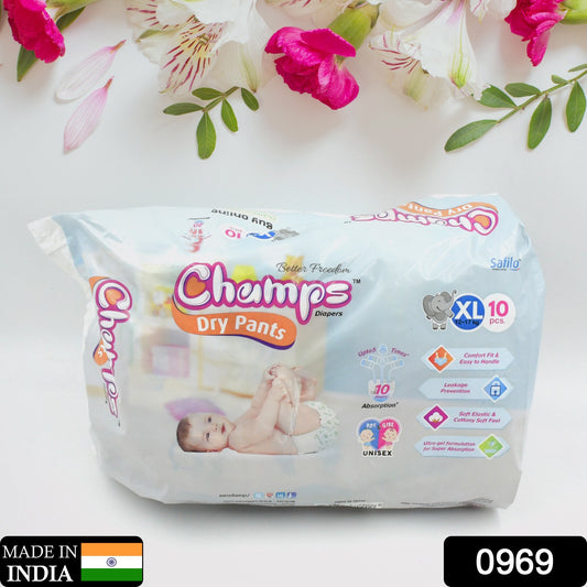 0969 Baby Diaper High Absorbent Pant Diapers Champs Soft And Dry Baby Diaper Pants Xl 10 Pcs (Extra Large Xl10 Pieces)