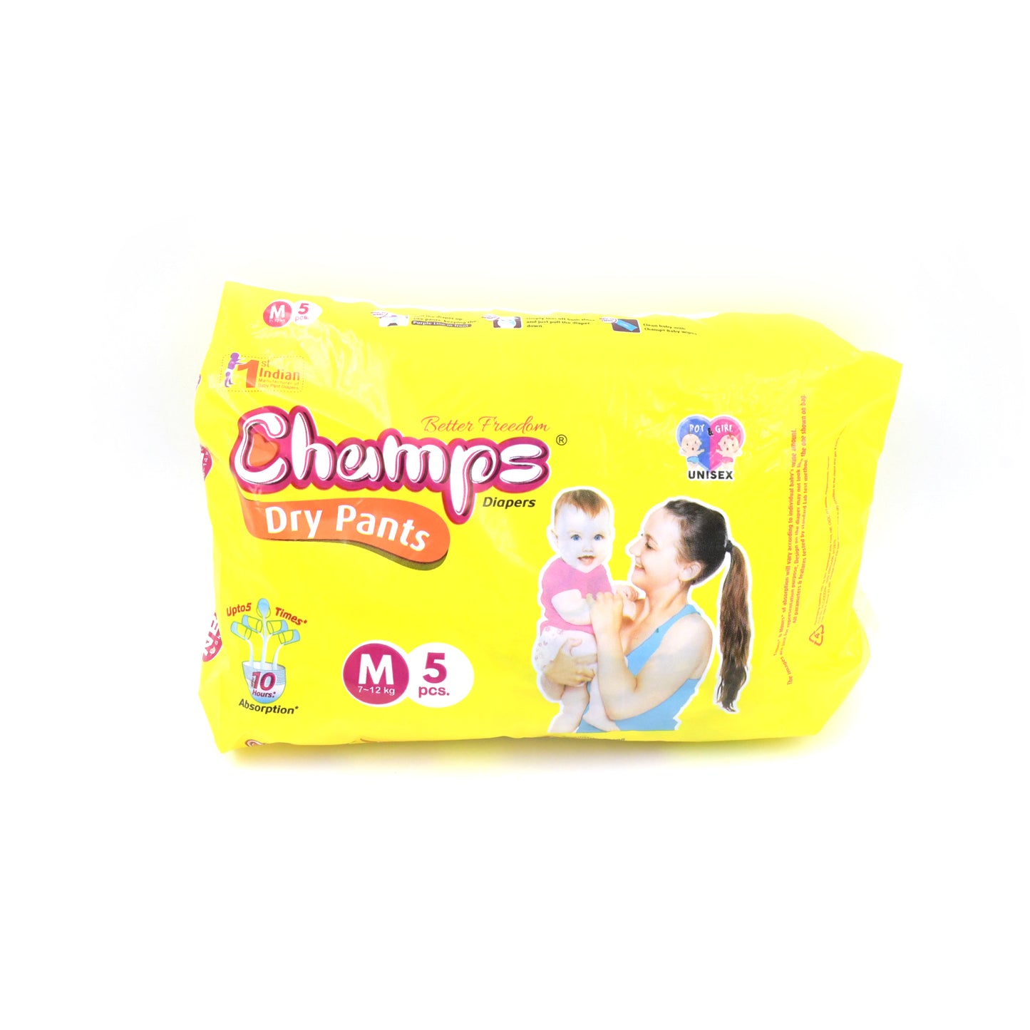 0973 Medium Champs Dry Pants Style Diaper- Medium (5 Pcs) Best For Travel Absorption Champs Baby Diapers Champs Soft And Dry Baby Diaper Pants (M 5 Pcs )