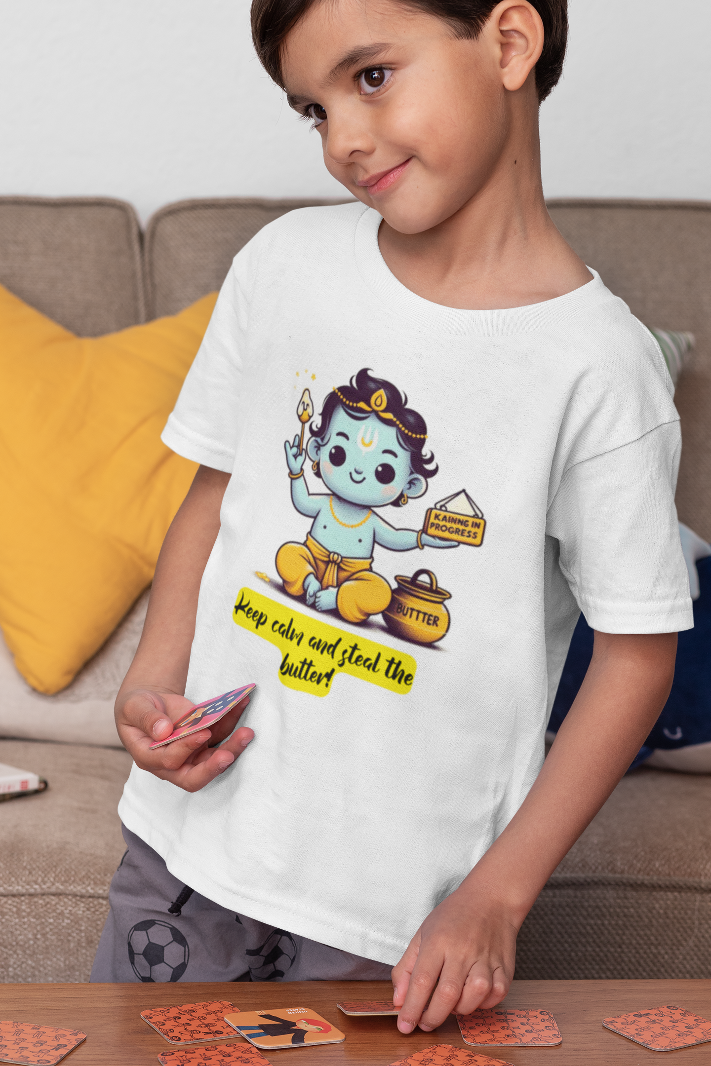 Keep Clam And Steal The Butter Janmashtami Boy's T Shirts White