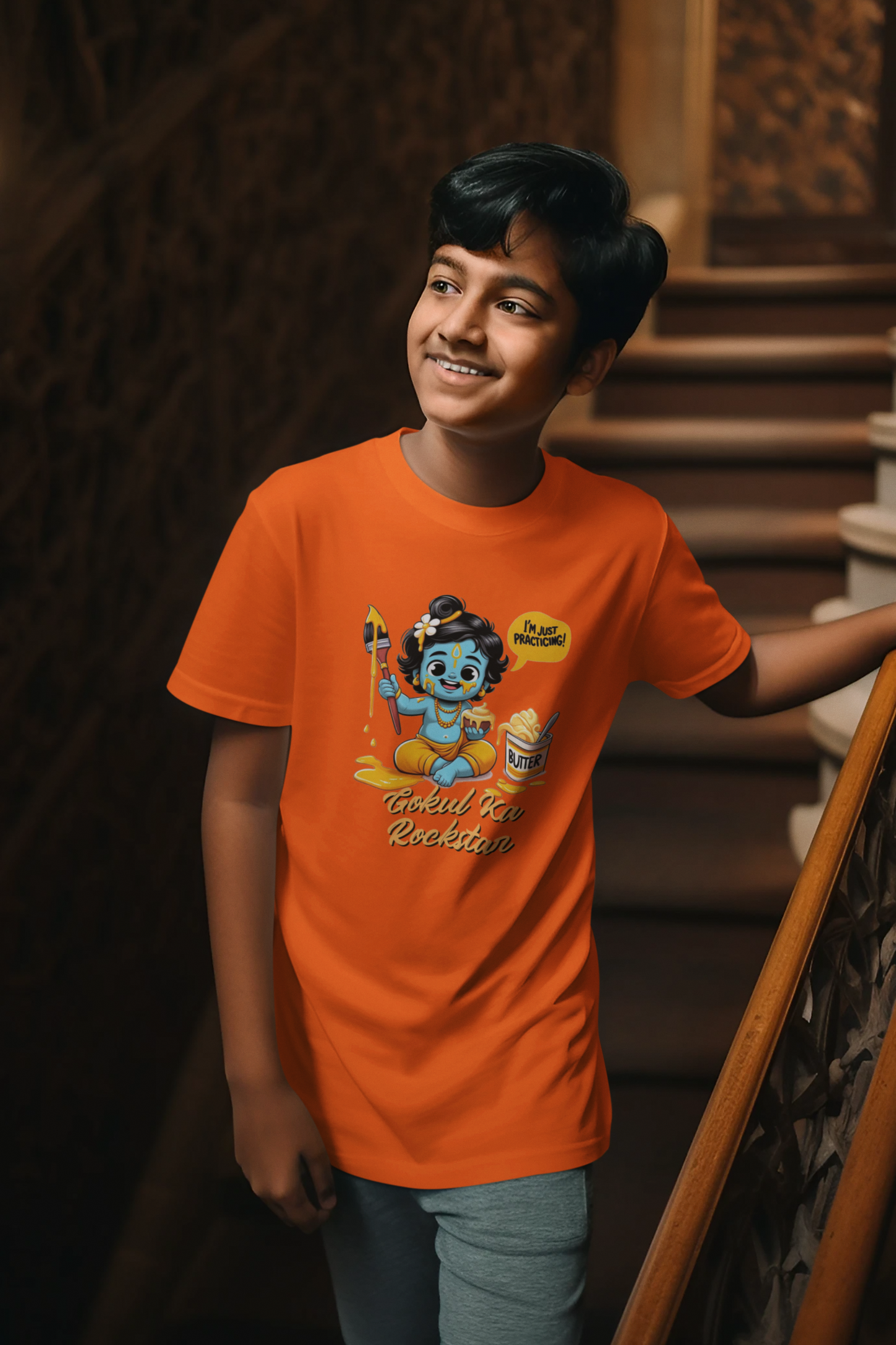 Gokul Ka Rockstar Janmashtami Boy's T Shirts Orange