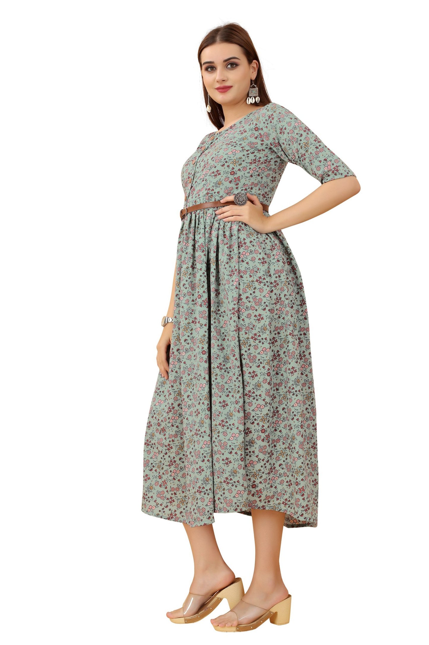 Women's Green Colour Crepe Printed Casual Wear Dress