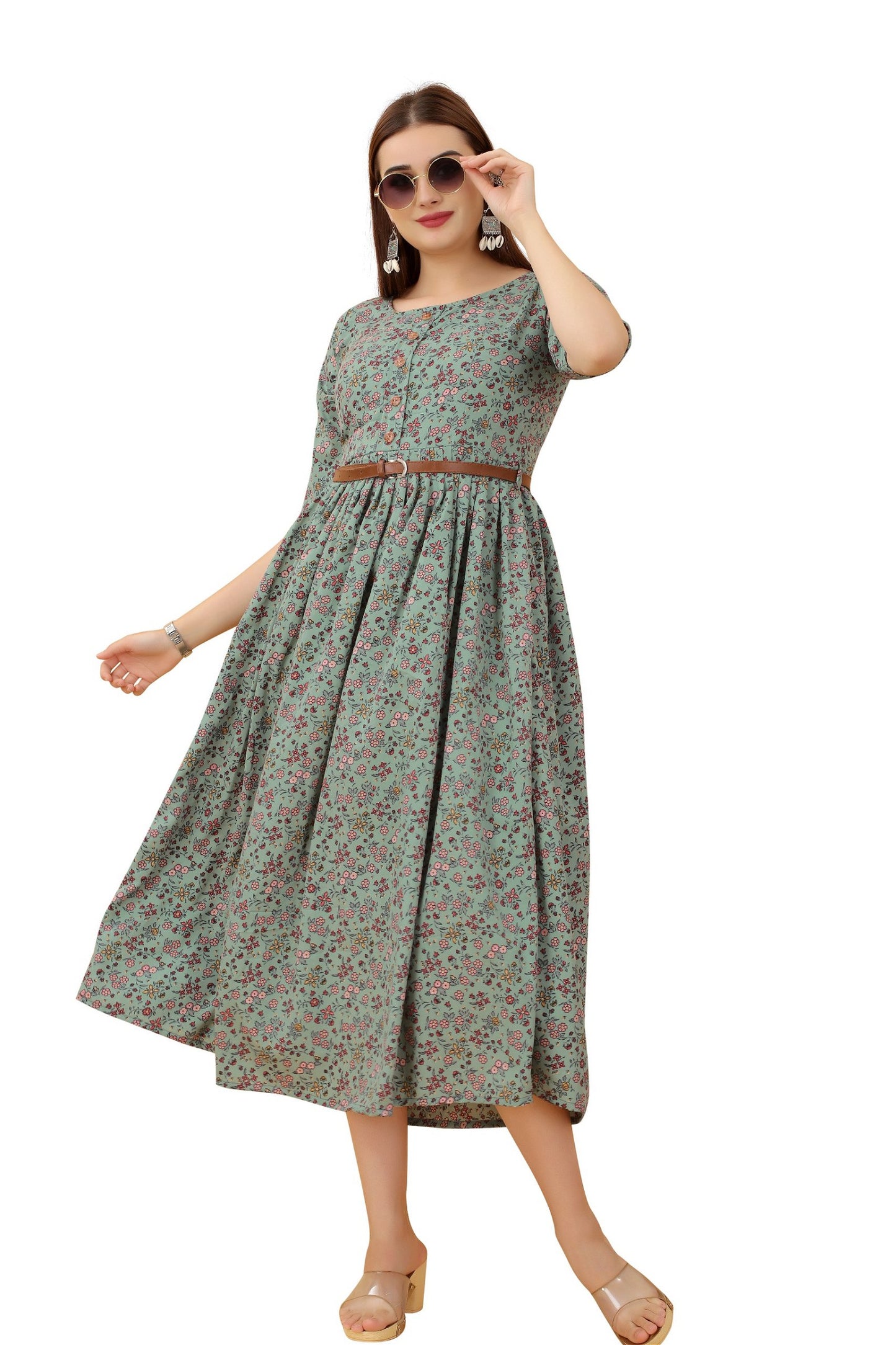 Women's Green Colour Crepe Printed Casual Wear Dress