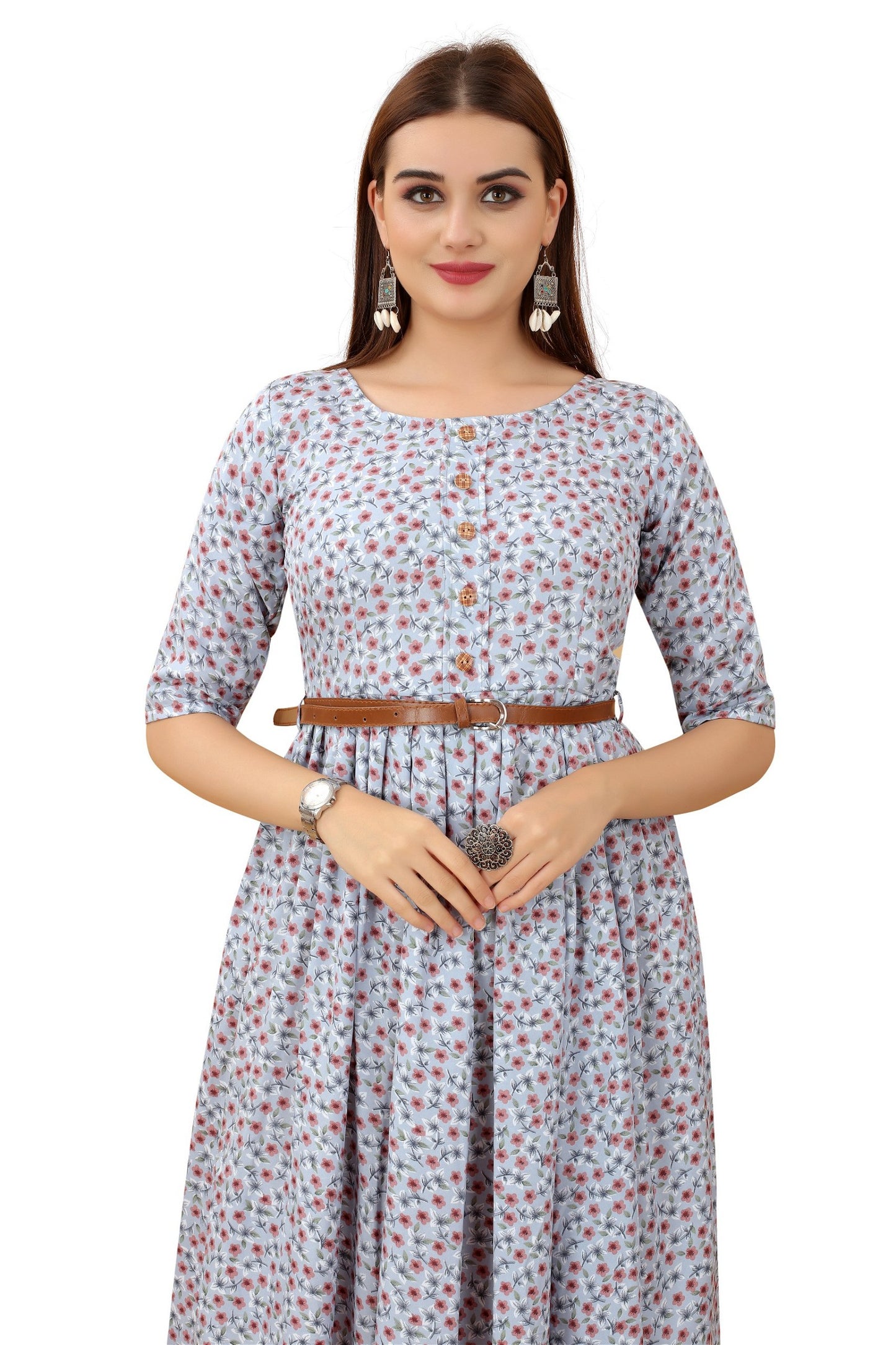 Women's Grey Colour Crepe Printed Casual Wear Dress