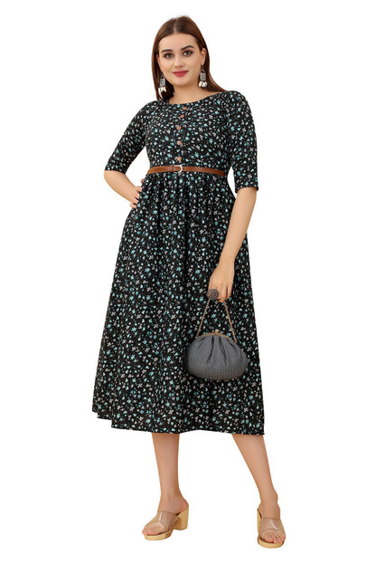 Women's Black Colour Crepe Printed Casual Wear Dress