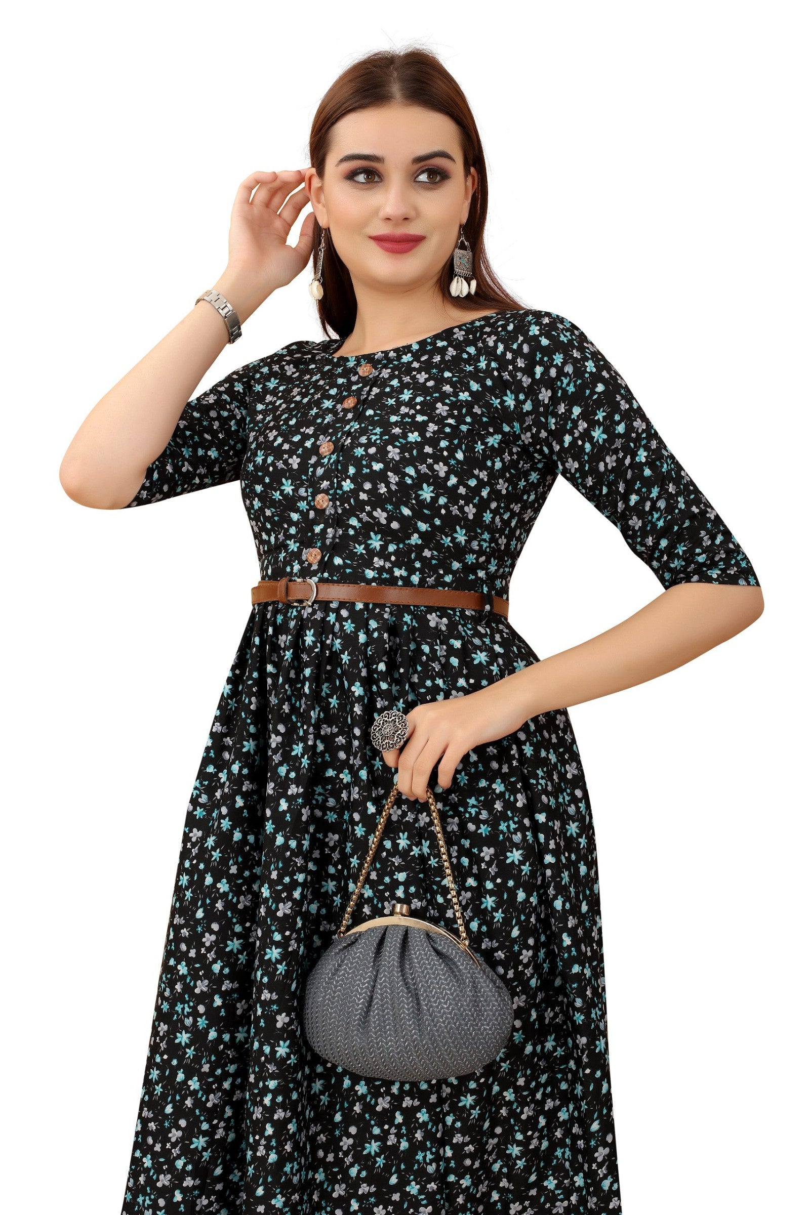 Women's Black Colour Crepe Printed Casual Wear Dress