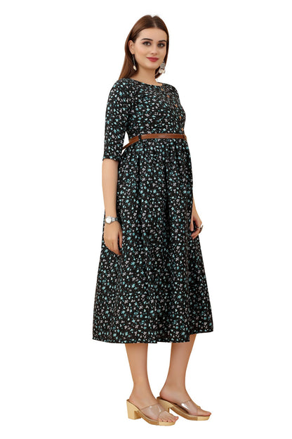 Women's Black Colour Crepe Printed Casual Wear Dress