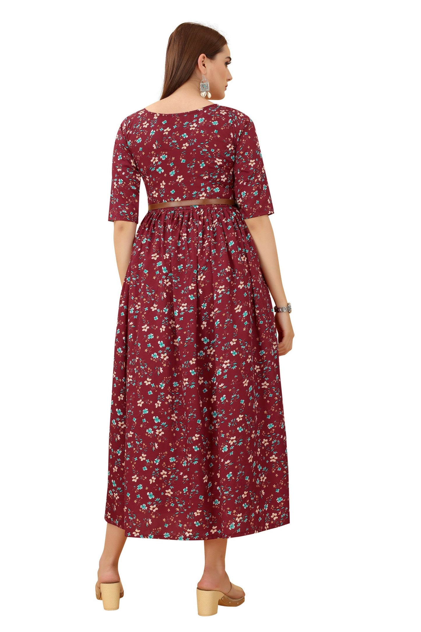 Women's Maroon Colour Crepe Printed Casual Wear Dress