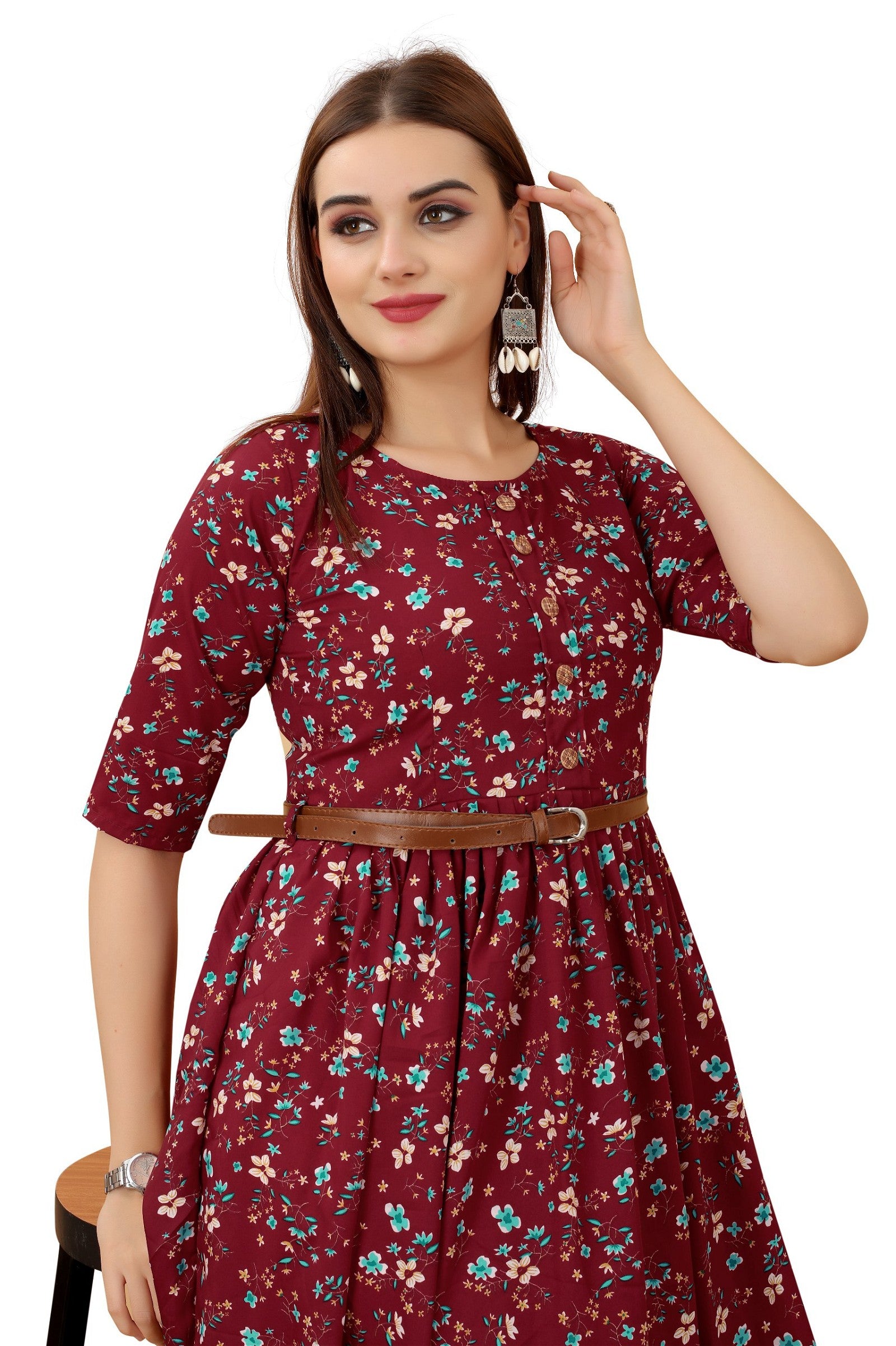 Women's Maroon Colour Crepe Printed Casual Wear Dress