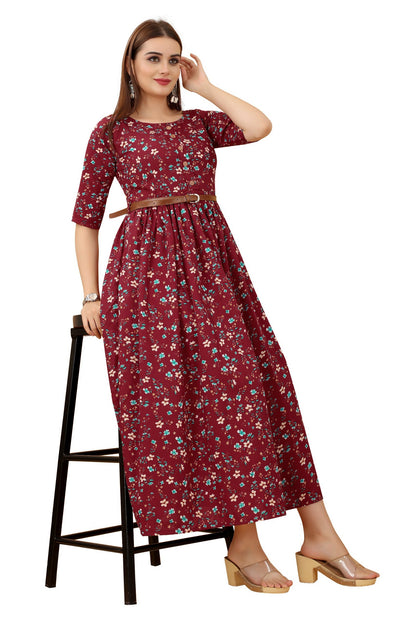 Women's Maroon Colour Crepe Printed Casual Wear Dress