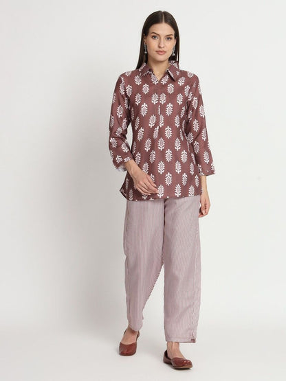 Coffee Colour Cotton Printed Party Wear Co-ords Set