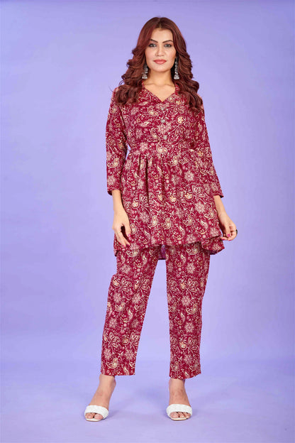 Maroon Colour Cotton Printed Party Wear Co-ords Set