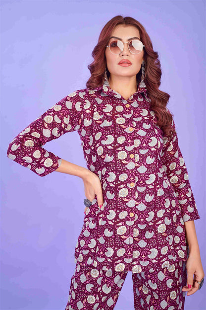 Wine Colour Cotton Printed Party Wear Co-ords Set