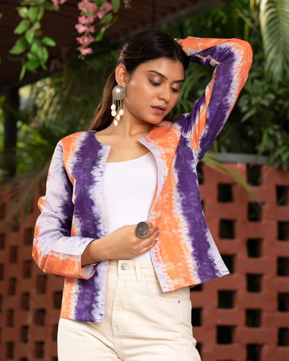 Orange & Purple Colour Tie & Dye Printed Jacket For Women's