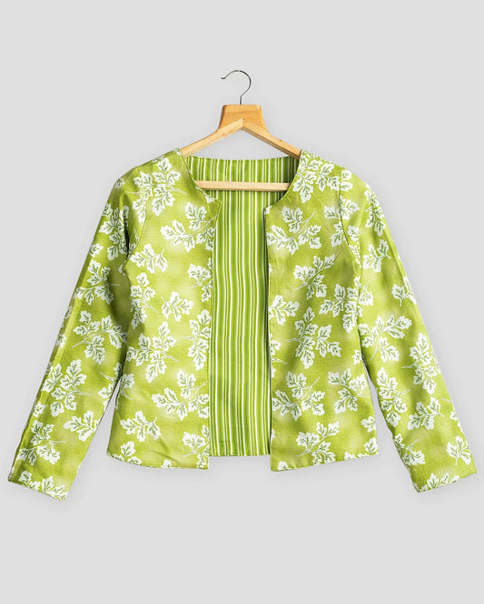 Parrot Green Colour Stripes & Floral Printed Double Sided Wear Jacket For Women's