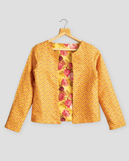 Orange Colour Stripes & Floral Printed Double Sided Wear Jacket For Women's