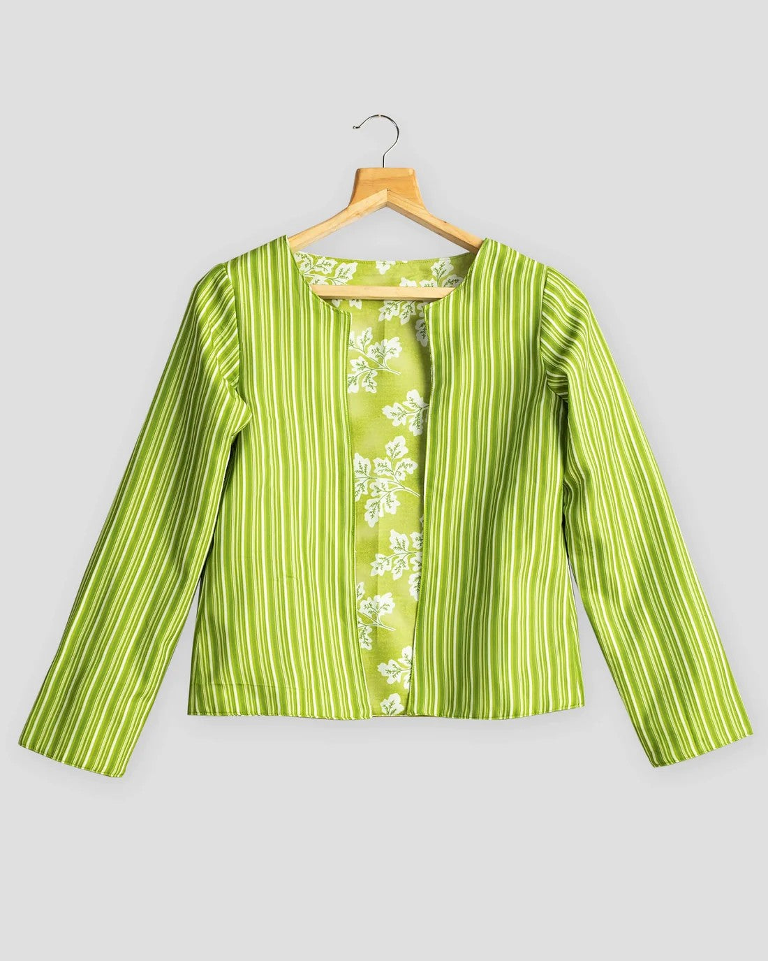 Parrot Green Colour Stripes & Floral Printed Double Sided Wear Jacket For Women's