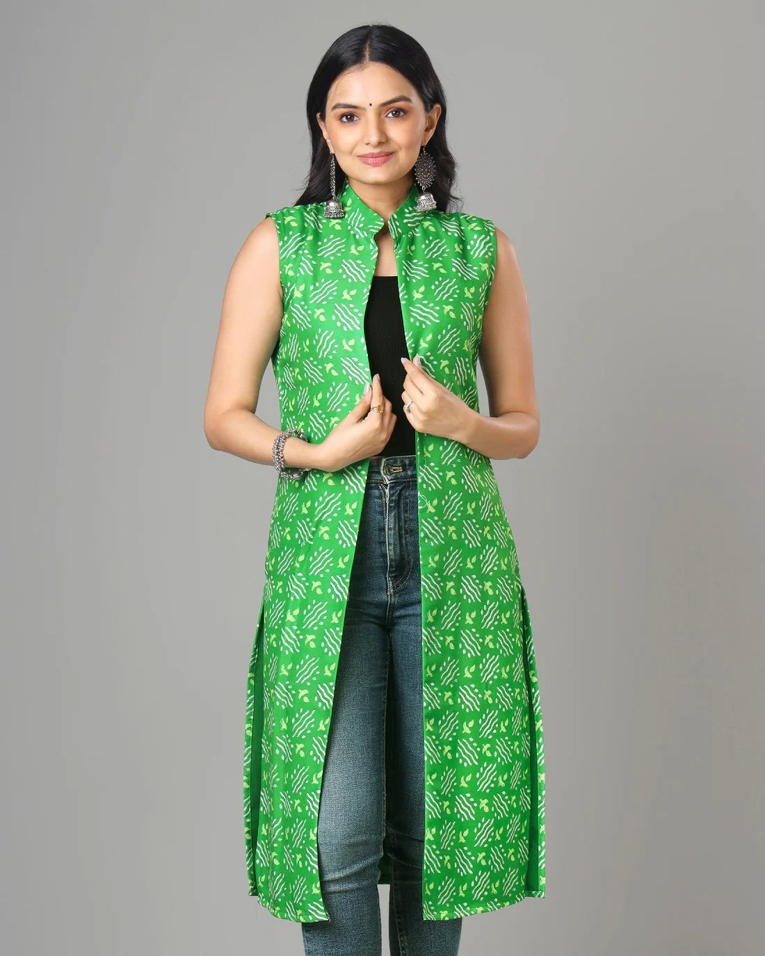 Green Colour Bandhani Printed Long Jacket For Women's