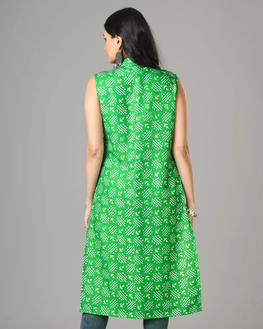 Green Colour Bandhani Printed Long Jacket For Women's