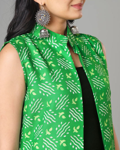 Green Colour Bandhani Printed Long Jacket For Women's