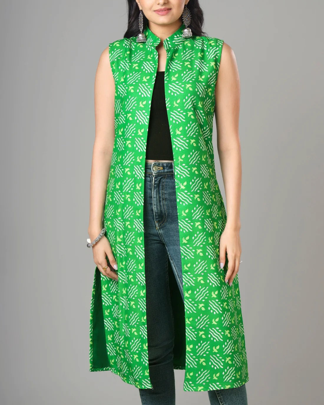 Green Colour Bandhani Printed Long Jacket For Women's